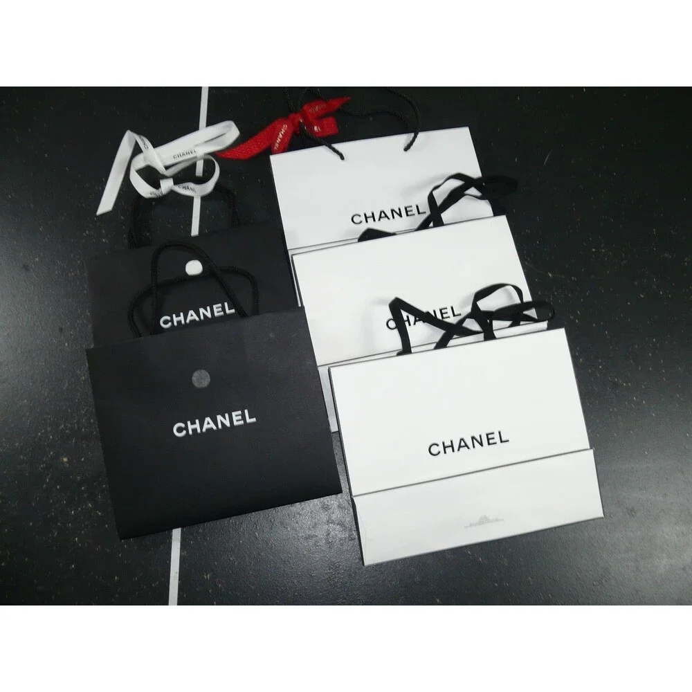 CHANEL Gift Shopping Bag Lot of 5 w/ Ribbon Rose Card Envelope White & Black